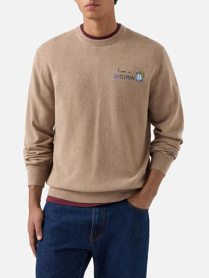 Maglia girocollo Heron Light beige in misto lana e cashmere con ricamo Gintleman