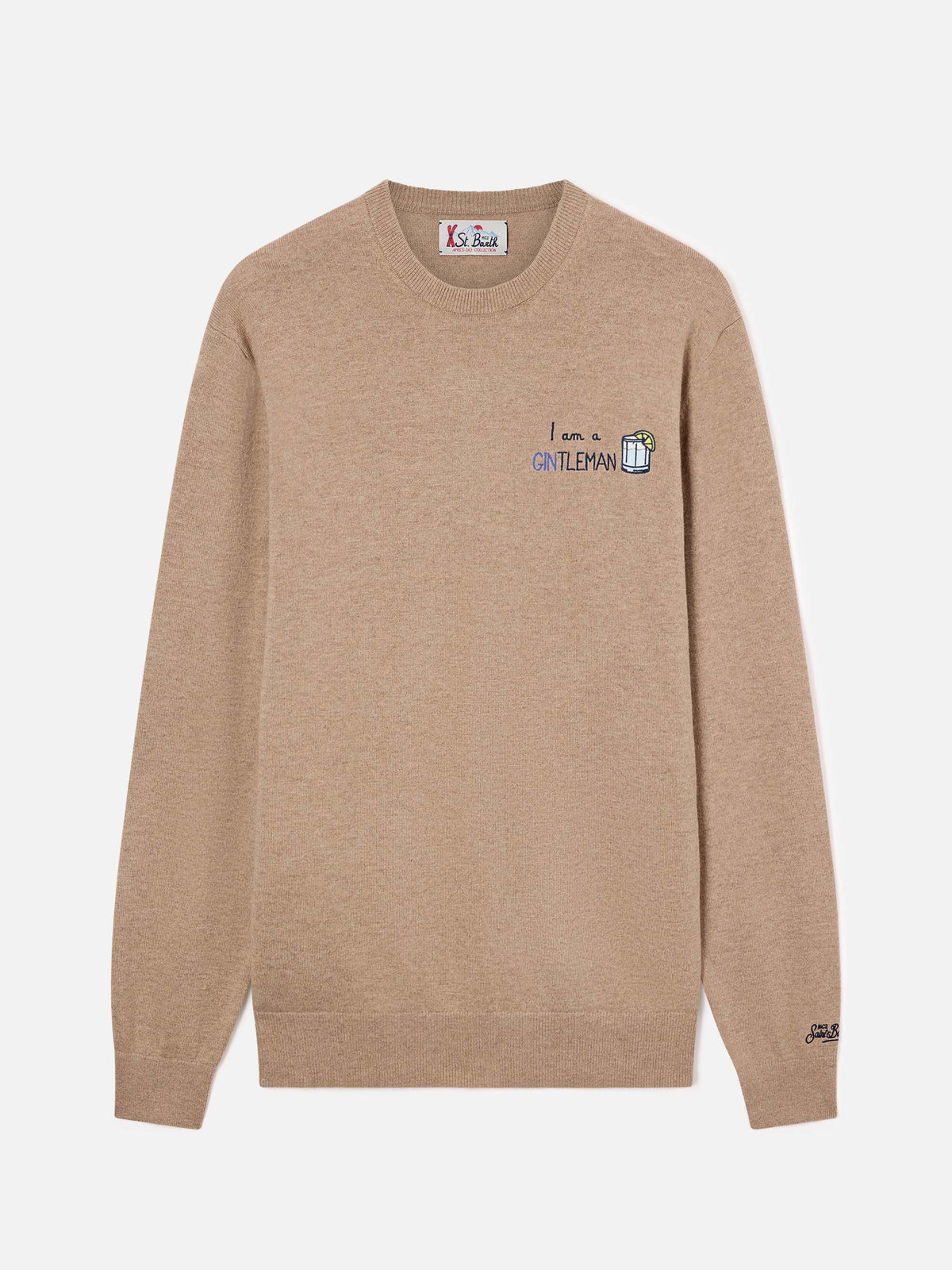 Beige Heron Rundhalspullover aus leichter Wolle und Kaschmir-Mix mit Gintleman-Stickerei 