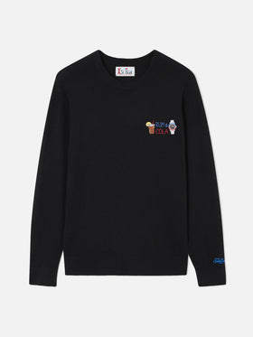 Pull col rond Black Heron en mélange léger de laine et cachemire avec broderie Rum & Cola 