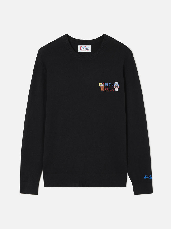 Maglia girocollo Heron Light nera in misto lana e cashmere con ricamo Rum & Cola