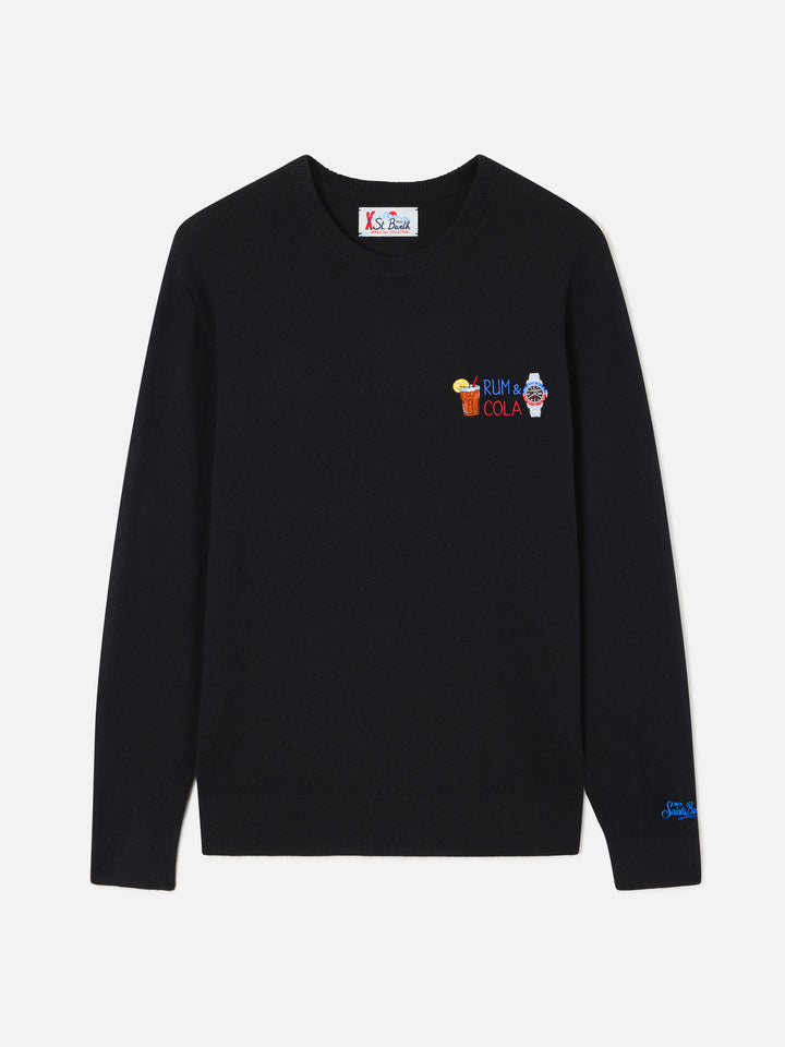 Jersey de cuello redondo Black Heron en mezcla ligera de lana y cachemir con bordado Rum & Cola 