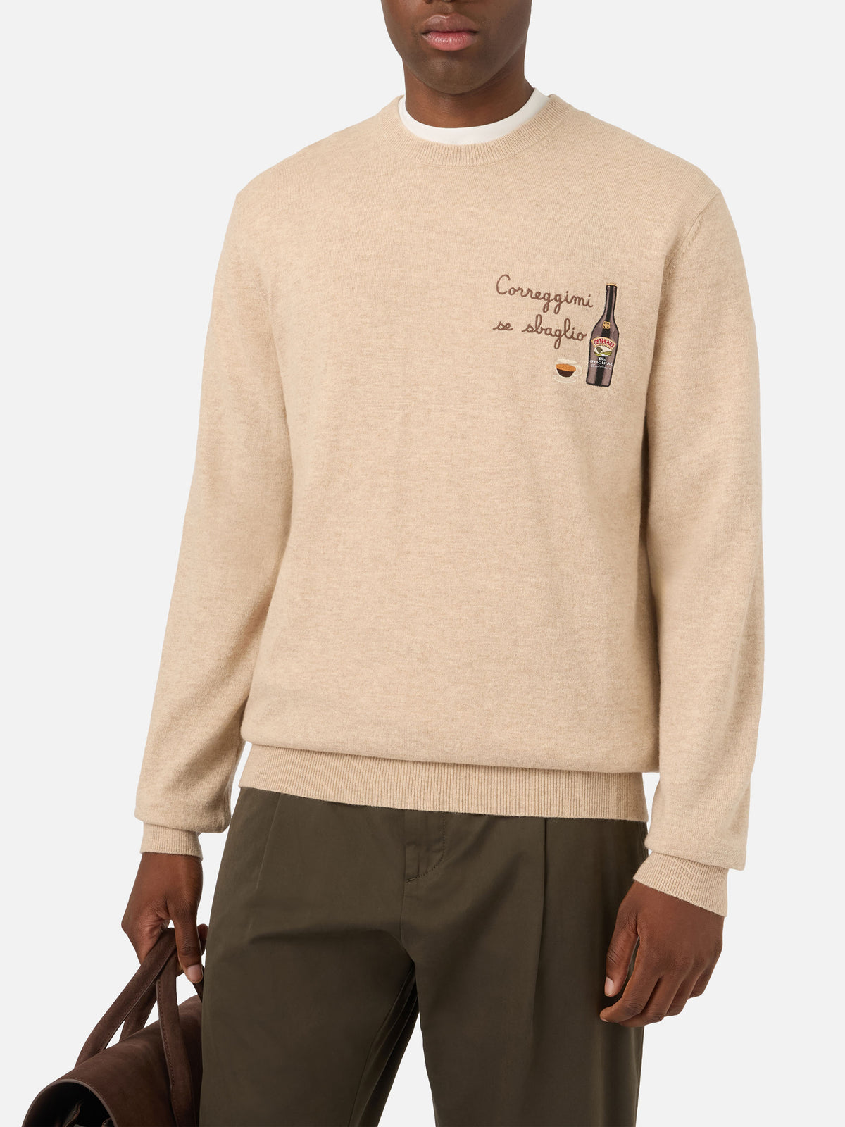Beige Heron Light wool and cashmere blend crewneck with Baileys embroidery | Special edition