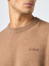 Maglia da uomo girocollo beige con ricamo St. Barth