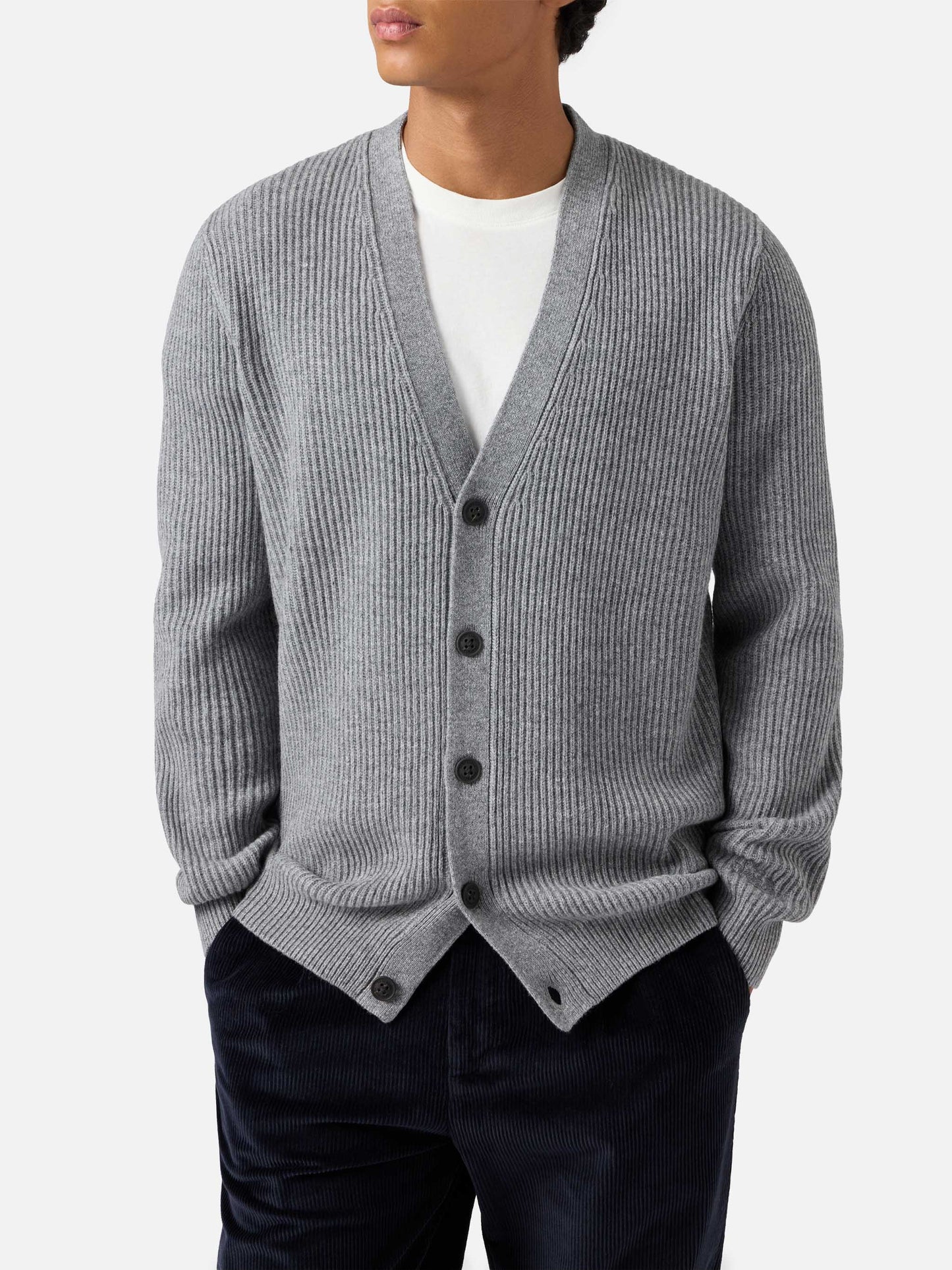 Cardigan Herrison in pura lana grigio melange a coste inglesi