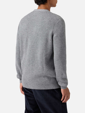 Cardigan Herrison in pura lana grigio melange a coste inglesi