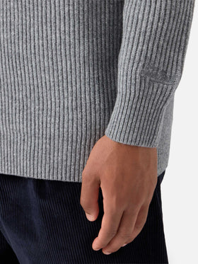 Cardigan Herrison in pura lana grigio melange a coste inglesi