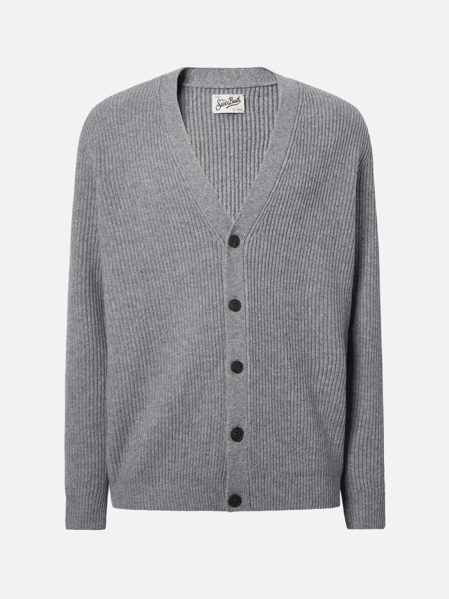 Cardigan Herrison in pura lana grigio melange a coste inglesi
