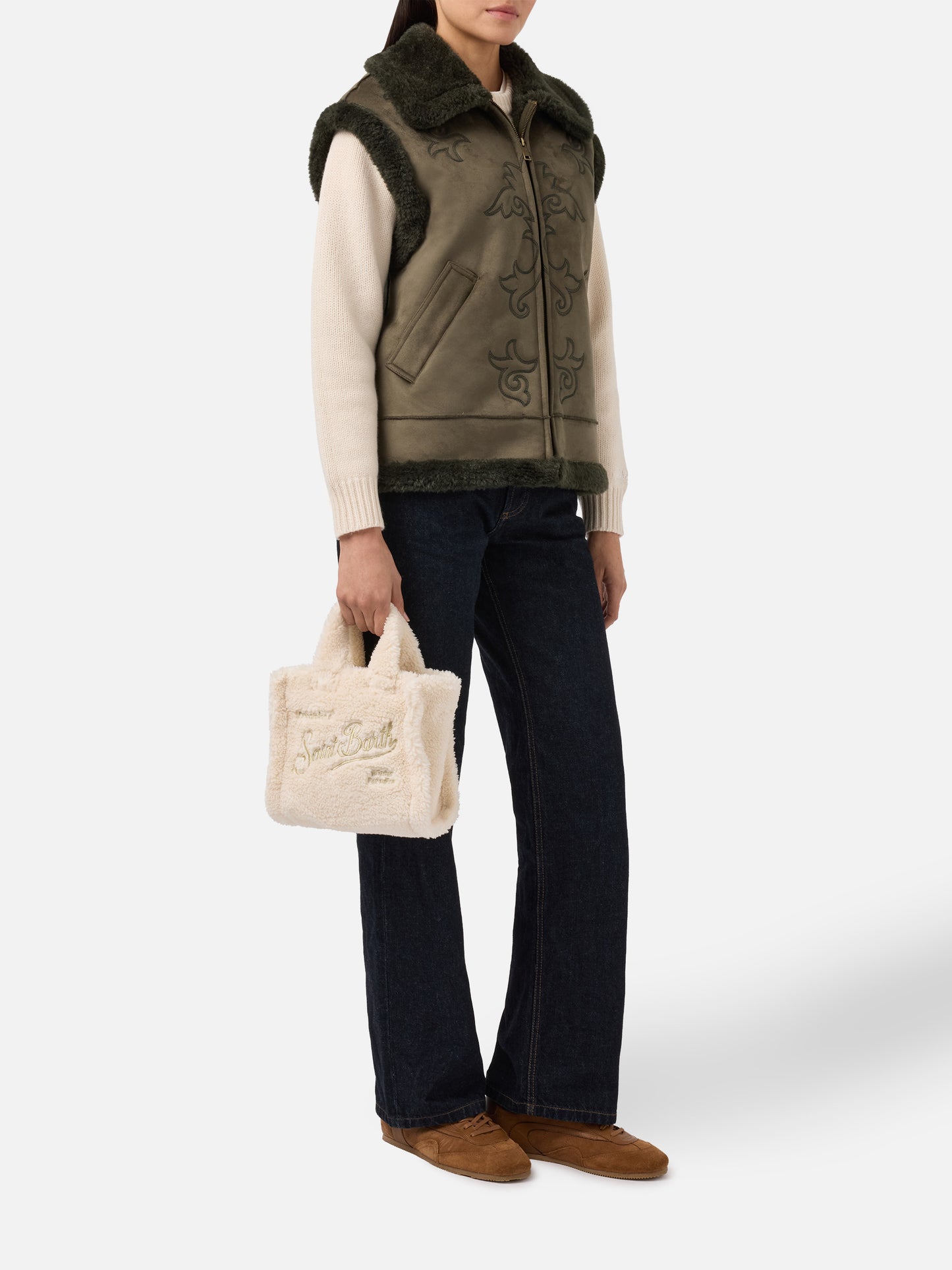 Gilet Hesketh in eco montone con ricamo texano