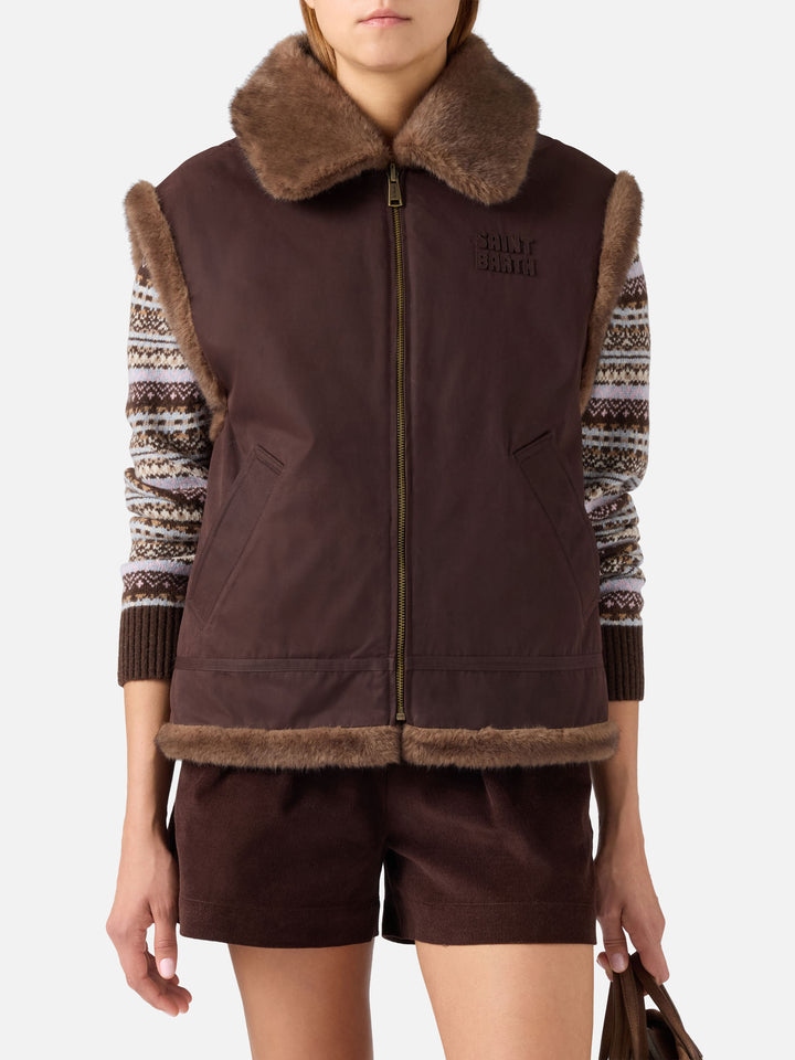 Dark brown Hesketh reversible waxed vest with faux fur