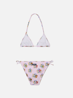 Bikini Holly a righe bianche e rosa con stampa funny all-over
