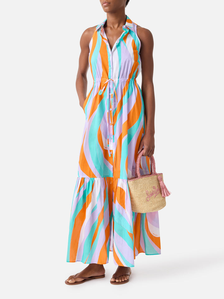 Langes Baumwollkleid Ida mit Wellenprint 