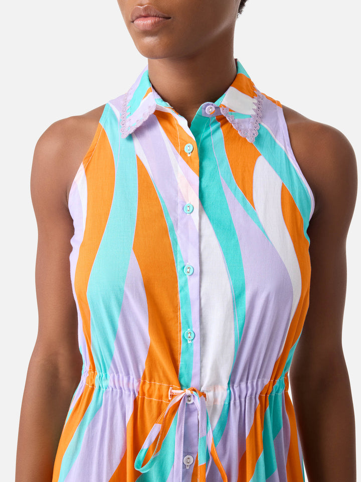Langes Baumwollkleid Ida mit Wellenprint 