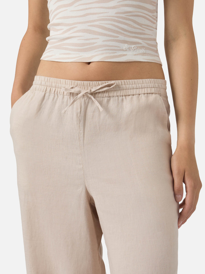 Beige Irma Leinenhose mit ausgefranstem Saum 
