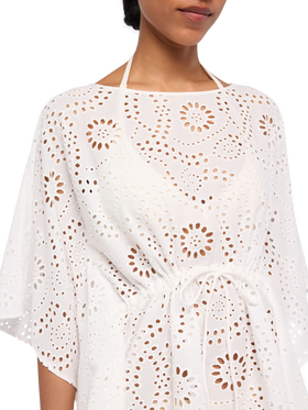 Iria cotton kaftan in white Sangallo lace fabric