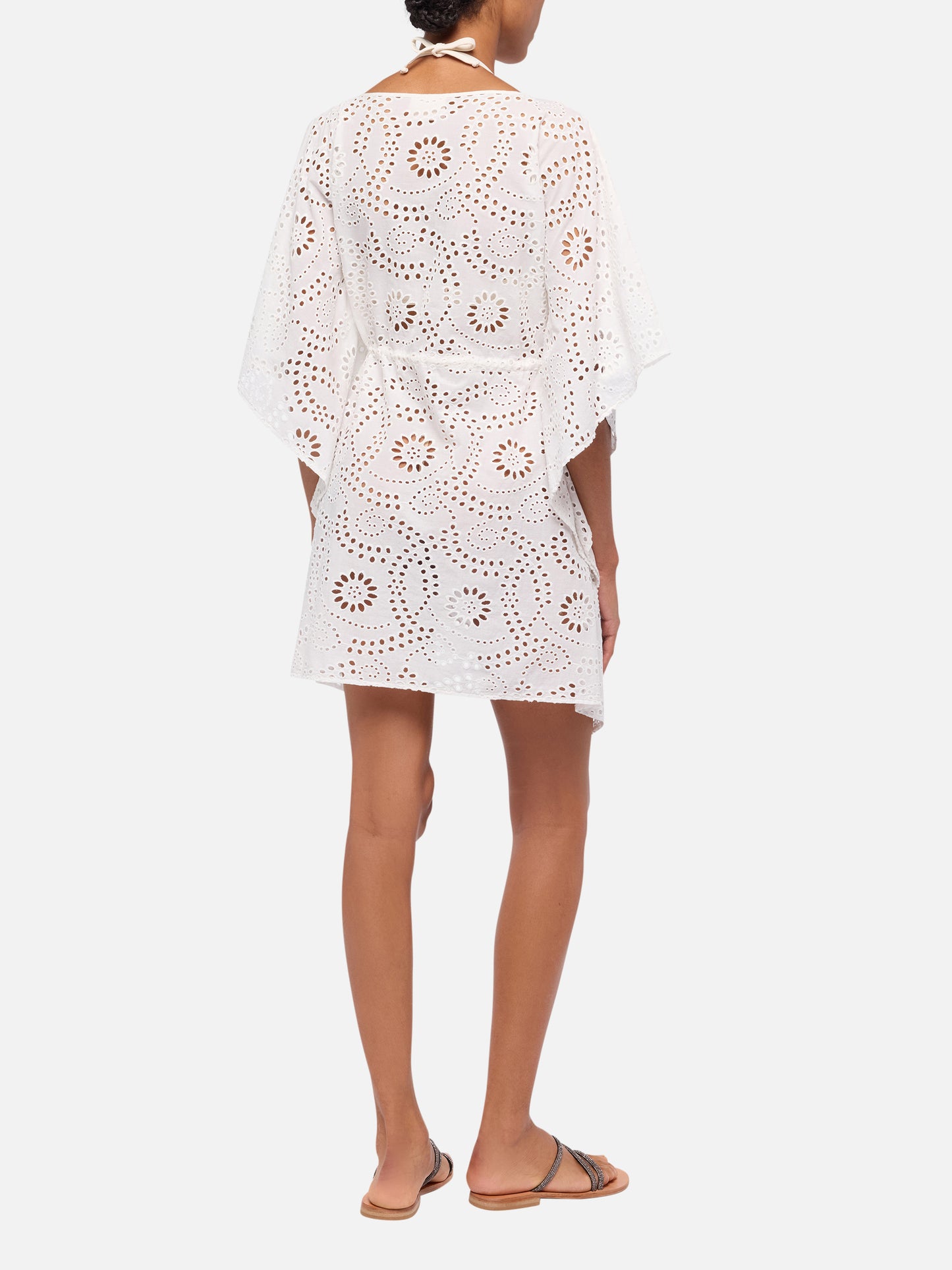 Iria cotton kaftan in white Sangallo lace fabric