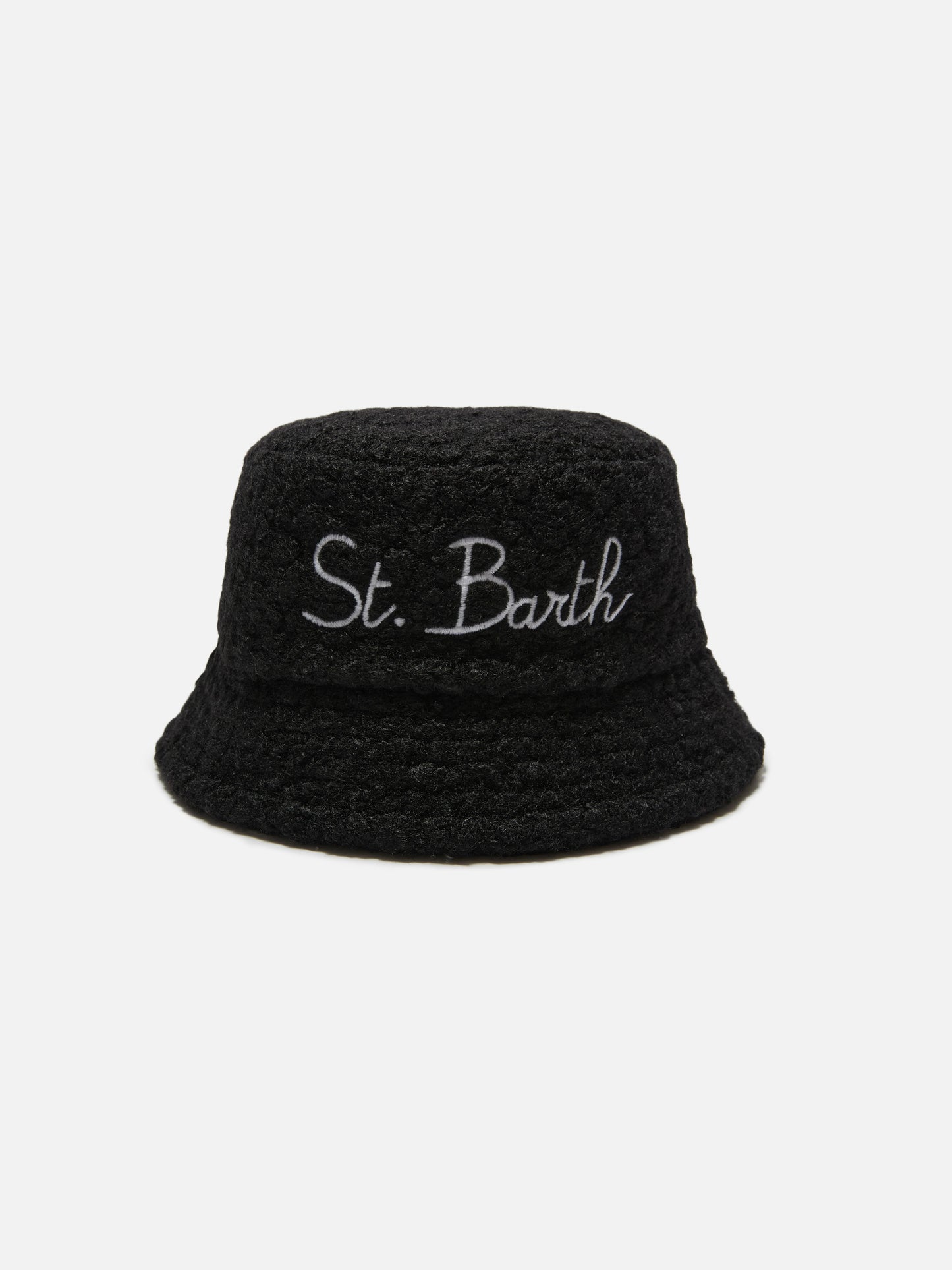 Black sherpa bucket hat with front embroidery