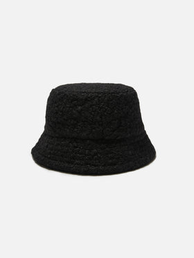 Black sherpa bucket hat with front embroidery