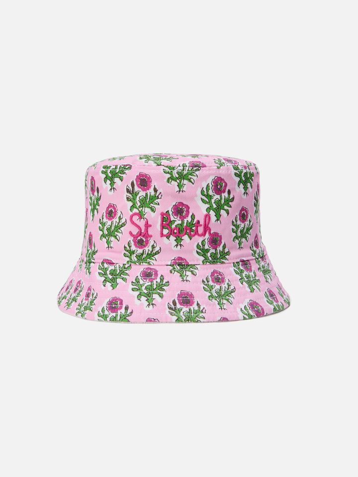 Cappello bucket reversibile con stampa floreale boho e spugna bianca