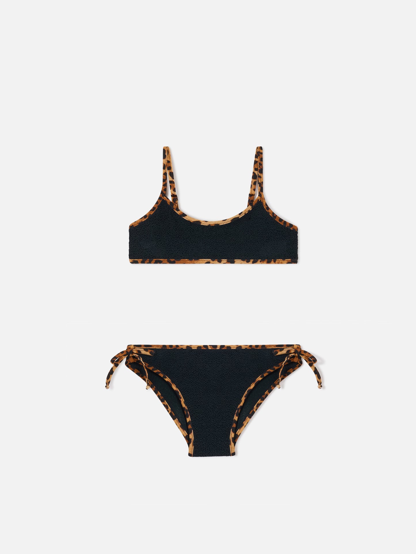 Bikini Jaiden String in crinkle nero con finiture leopardate