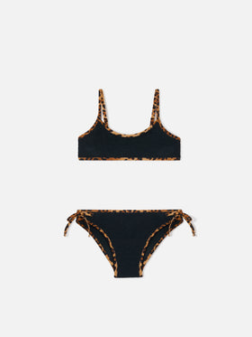 Bikini Jaiden String in crinkle nero con finiture leopardate