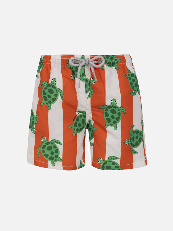 Boy mid-length Jean swim-shorts with sea turtle print