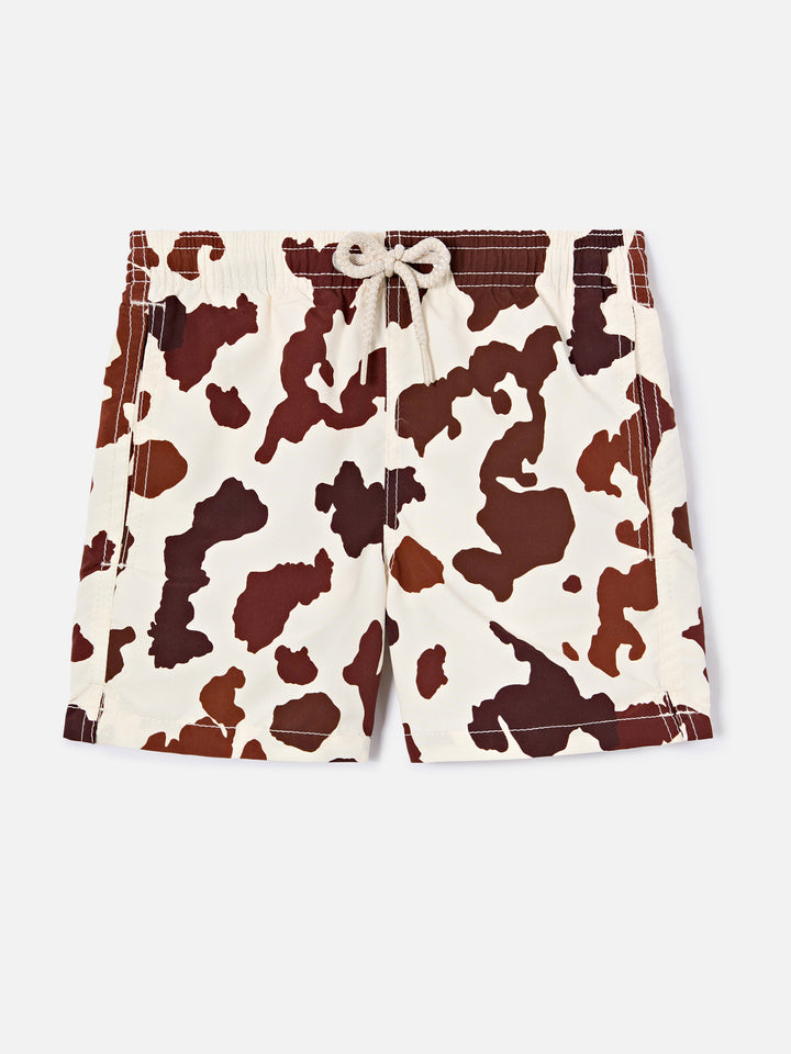 Jean swim shorts with cow animal print