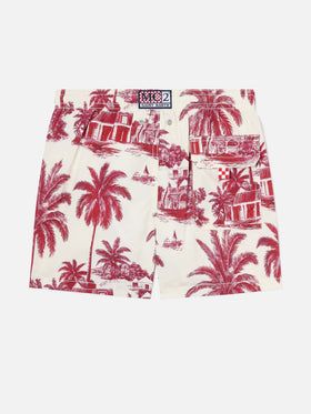Jean-Badeshorts mit rotem Toile de Jouy-Print 
