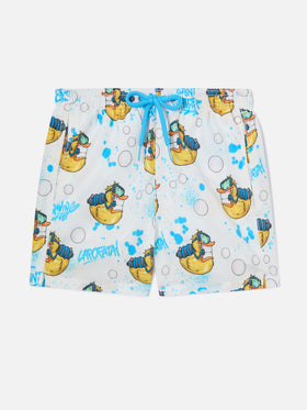 Boy mid-length Jean swim-shorts with Crypto Ducky print | CRYPTOPUPPETS SPECIAL EDITION