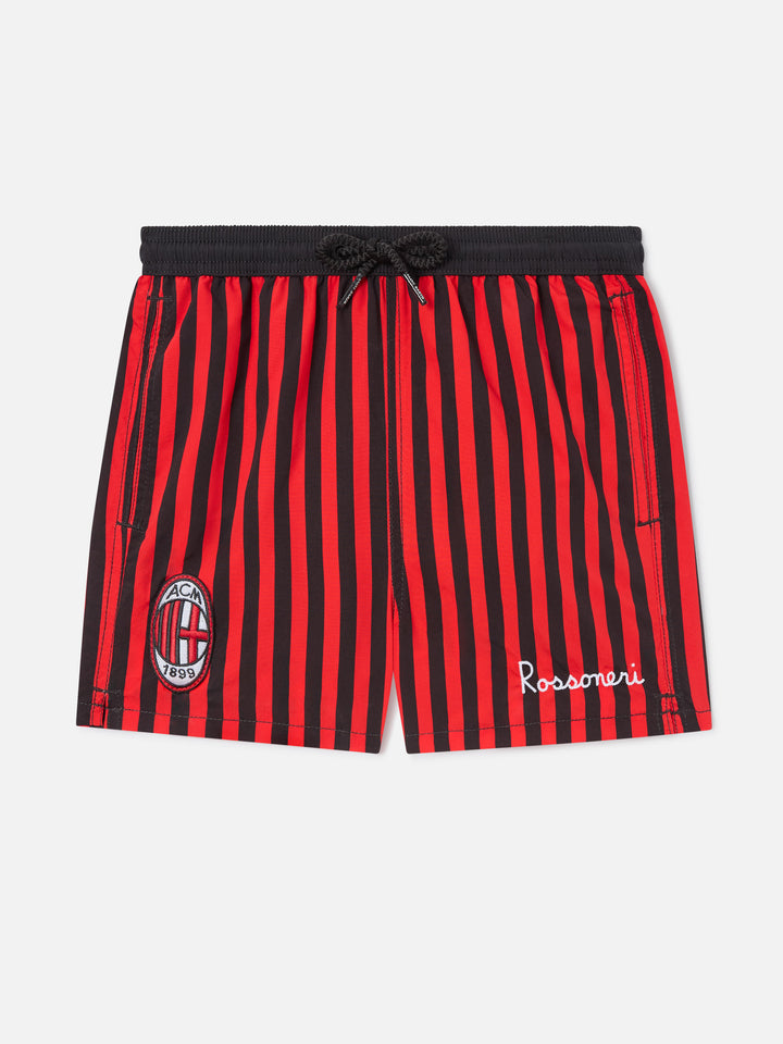 Bañador corto Jean rojo y negro con estampado de rayas y escudo Milan | Special edition 