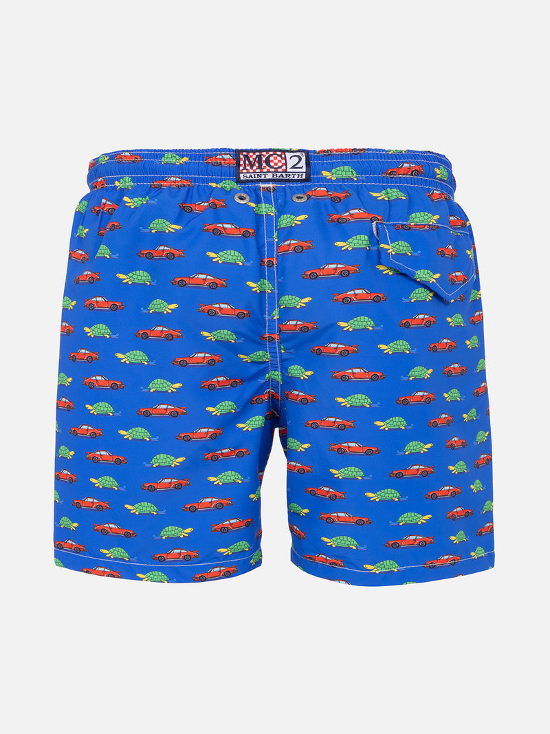 Boy swim shorts with turtle and car print