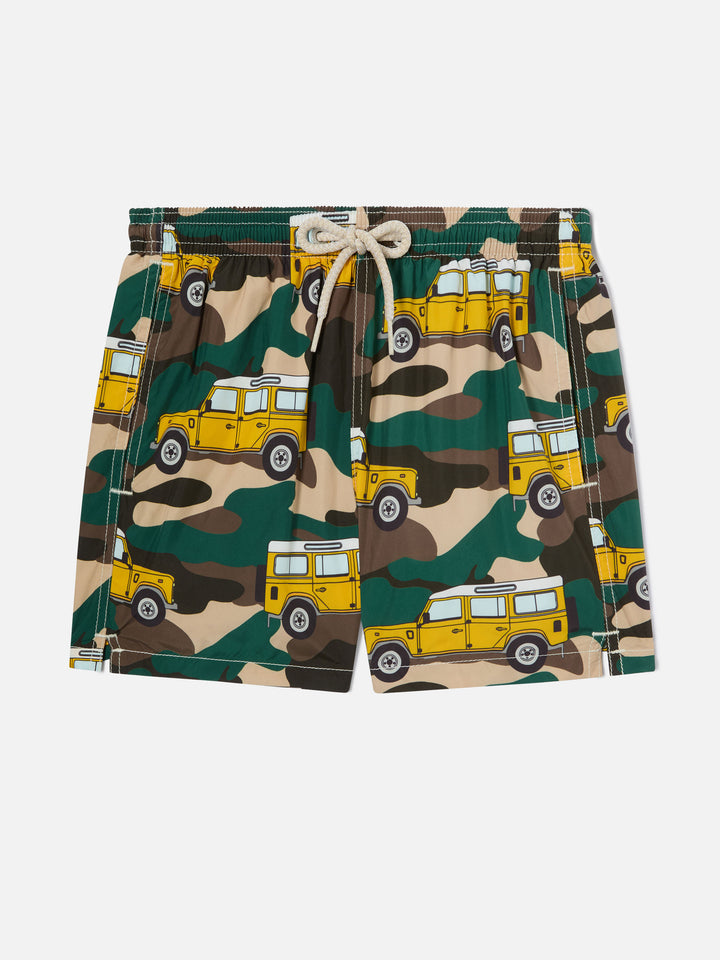 Boy lightweight fabric swim-shorts Jean Lighting with off-road car print