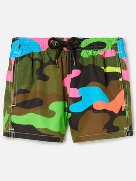 Badeshorts für Jungen mit mehrfarbigem Fluo-Camouflage-Print