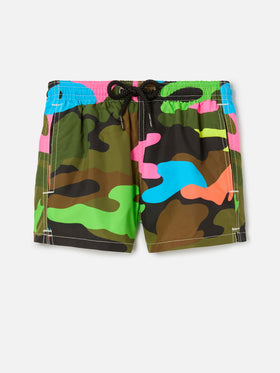Costume da bambino con stampa mimetica fluo multicolore