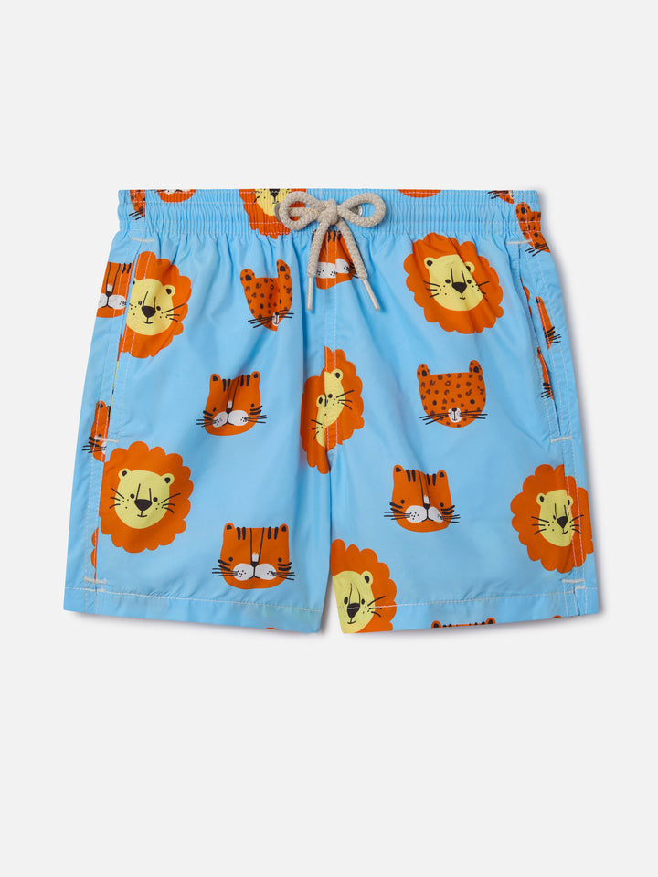 Boy lightweight fabric swim-shorts Jean Lighting with lions print