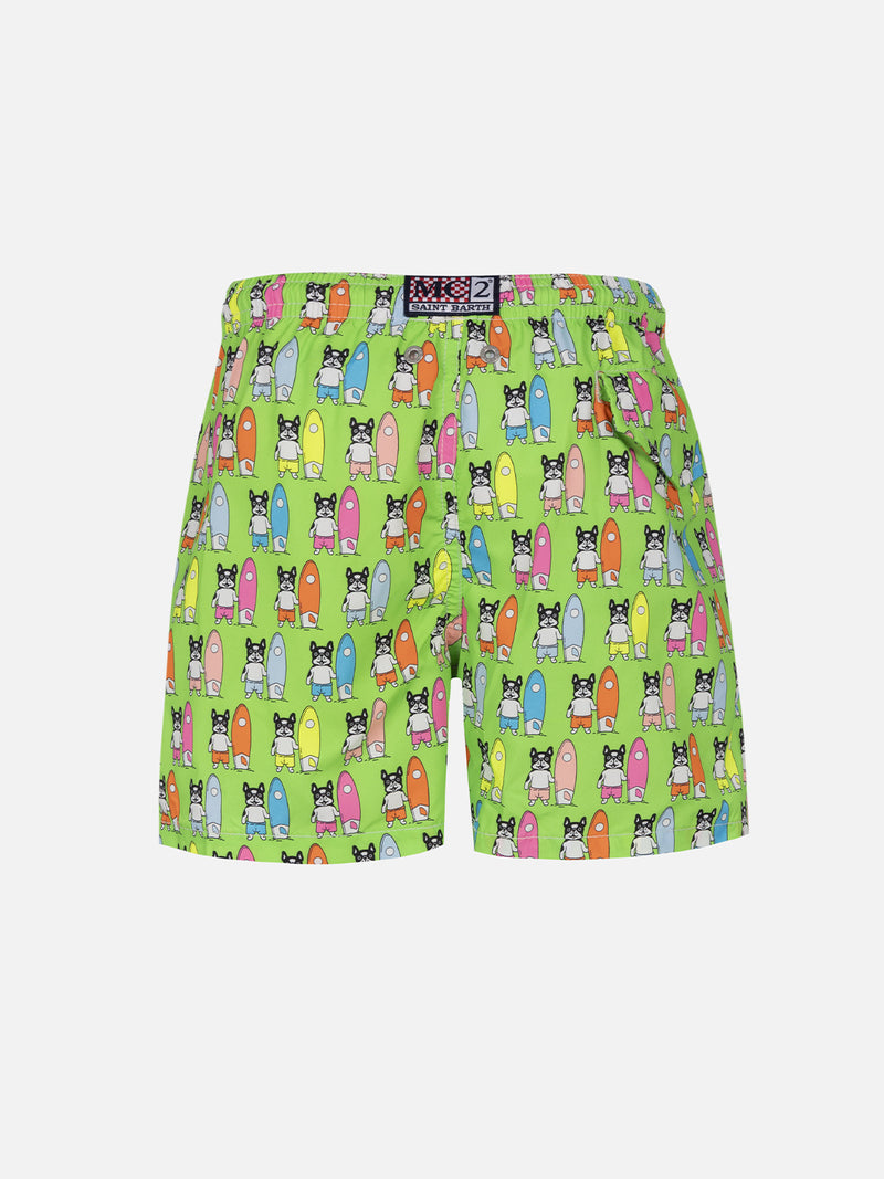 Boy lightweight fabric swim-shorts Jean Lighting with surfer dogs print