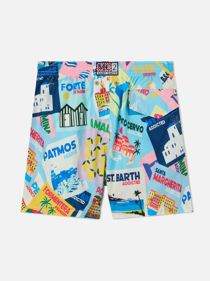 Jean Lighting swim shorts with Postcards all-over print
