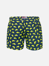 Boy light fabric swim shorts with fluo sharks print