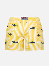 Boy seersucker swim-shorts Jean with sharks embroidery