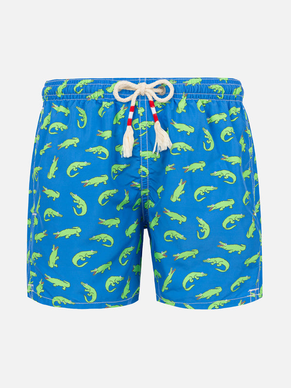 Blaue Badeshorts für Jungen mit grünem Alligatorprint