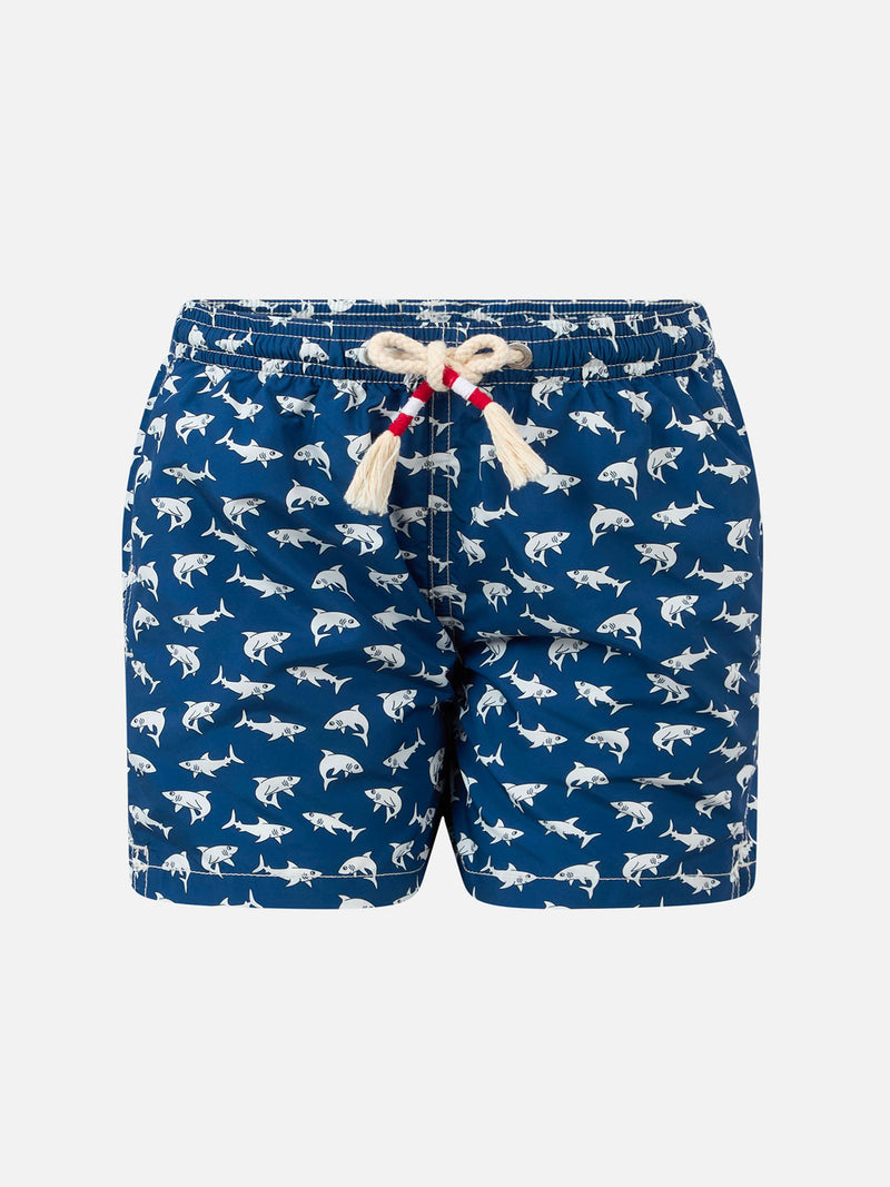 Boy lightweight fabric swim-shorts Jean Lighting 70 with sharks print