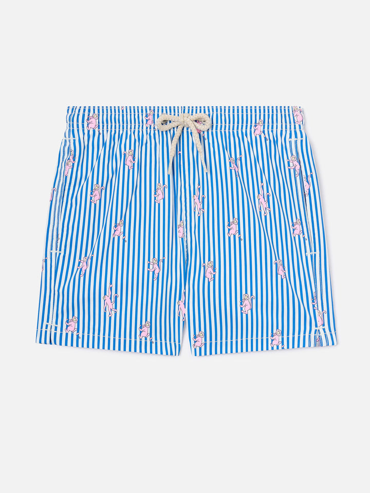 Gestreifte Jean Lighting Stretch Badeshorts mit Affen-Print 