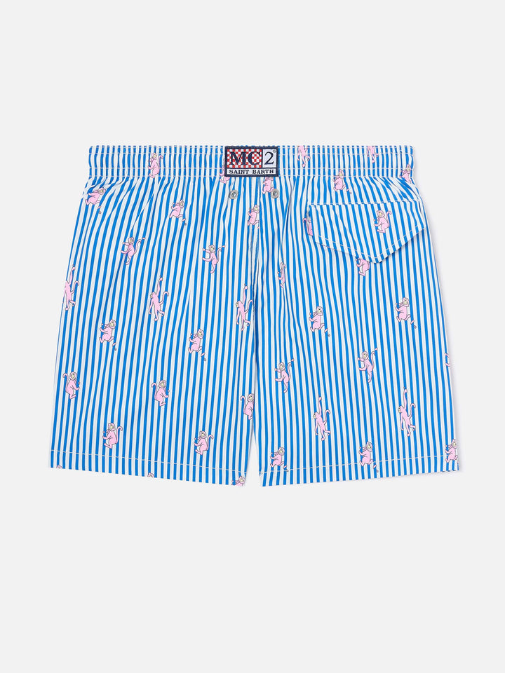Gestreifte Jean Lighting Stretch Badeshorts mit Affen-Print 