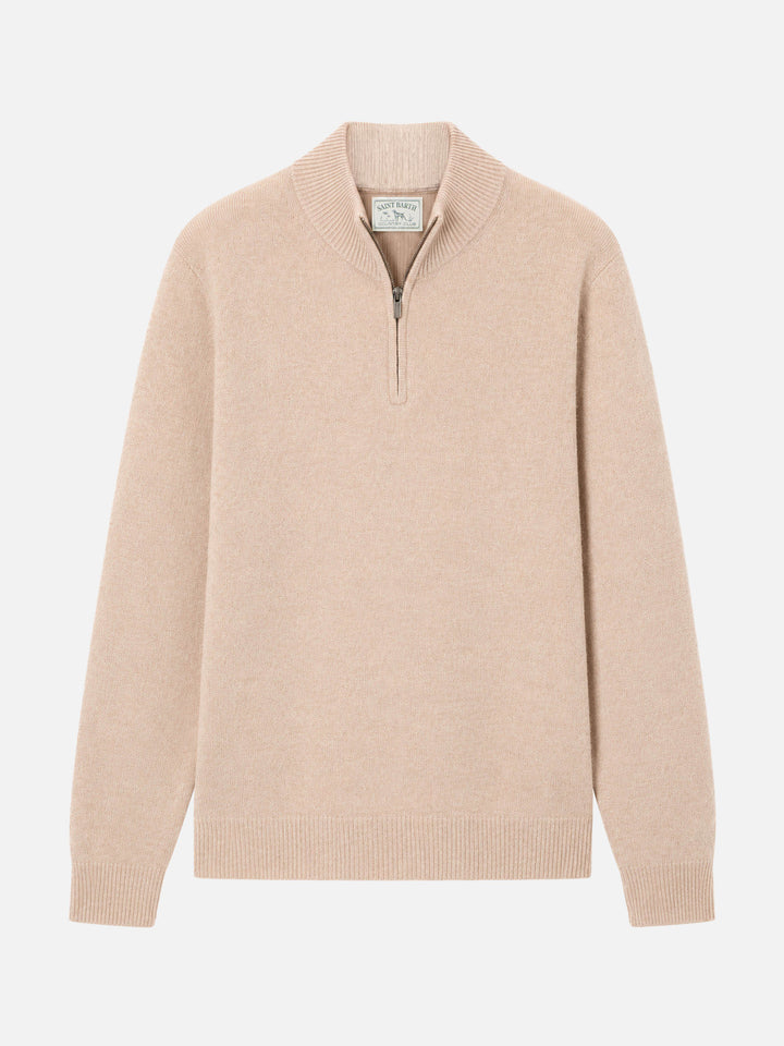 Pull Jermyn à demi-zip en 100 % laine d'agneau beige 