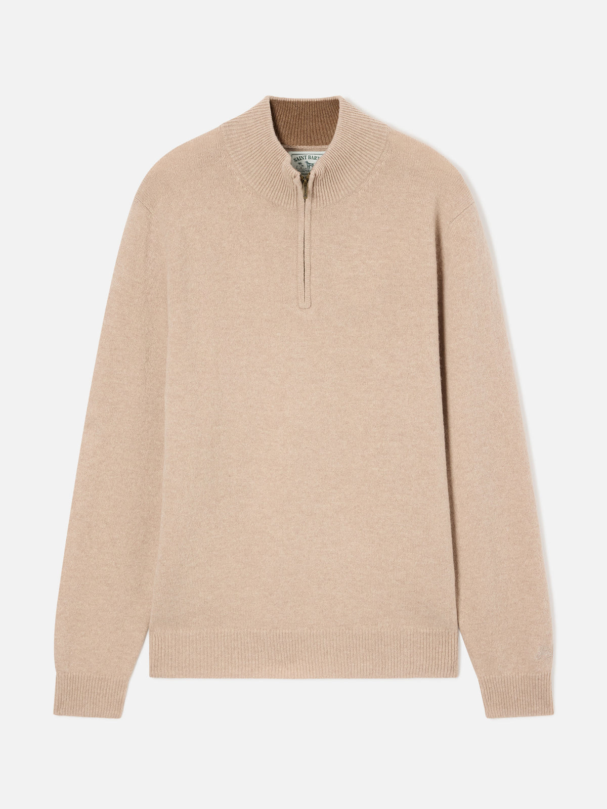 Maglia Jermyn beige in lana d'agnello con mezza zip e collo a contrasto