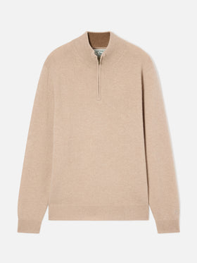 Maglia Jermyn beige in lana d'agnello con mezza zip e collo a contrasto