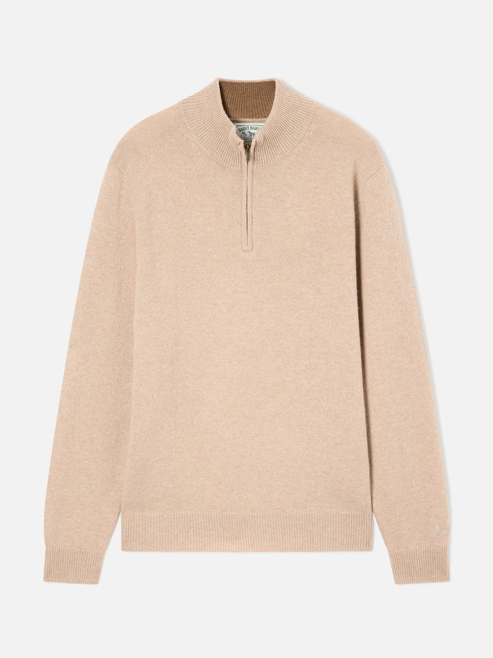 Jersey de media cremallera en lana de cordero Jermyn beige con cuello en contraste 
