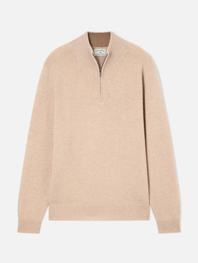 Beiger Jermyn Half-Zip-Strickpullover aus Lambswool mit kontrastierendem Kragen 