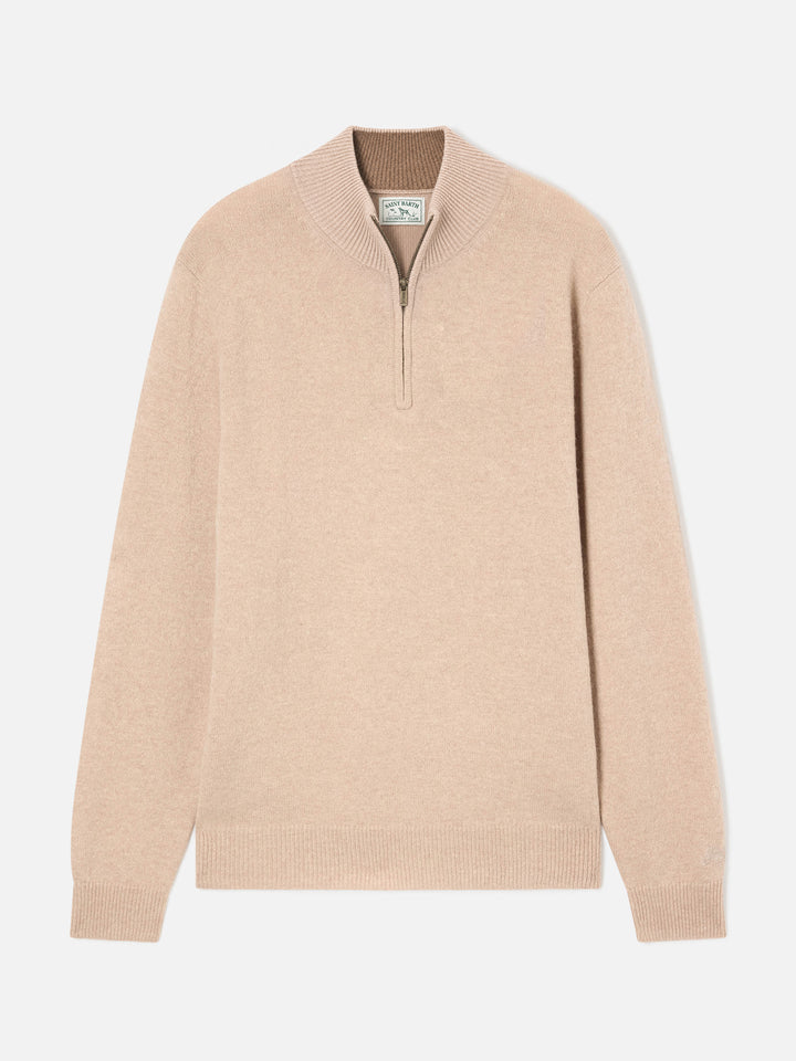 Pull demi-zip en laine d'agneau Jermyn beige avec col contrastant 