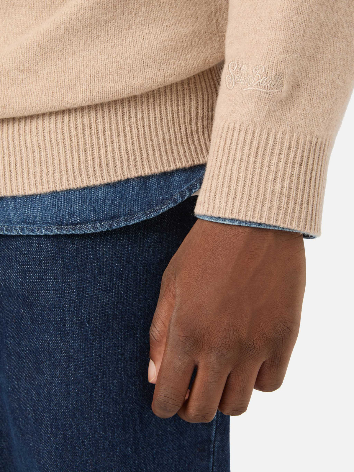 Beige Jermyn lambswool half zip knit with contrasting collar