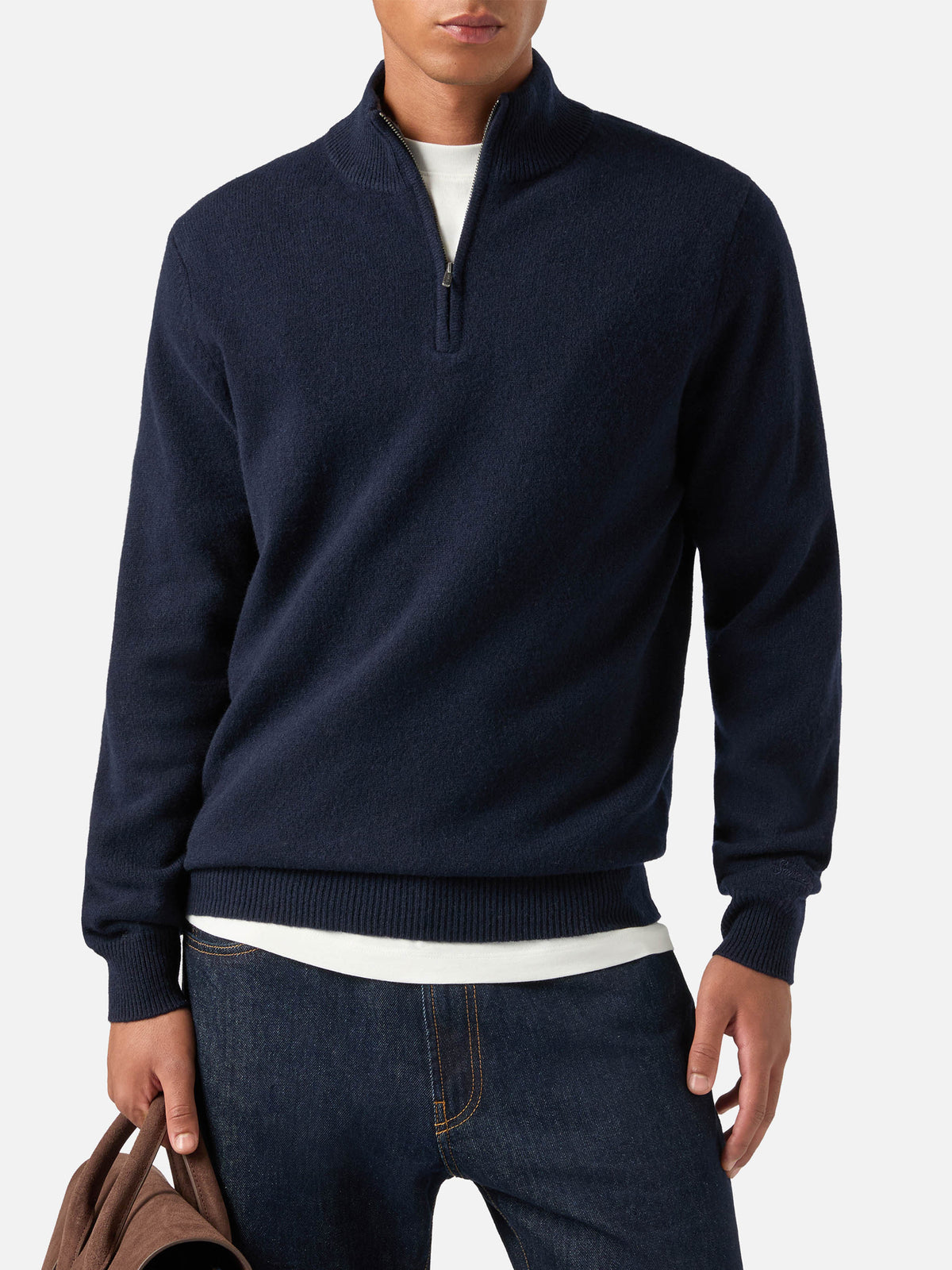 Marineblauer blue Jermyn Strickpullover aus Lammwolle mit Halbzip und kontrastierendem Kragen 